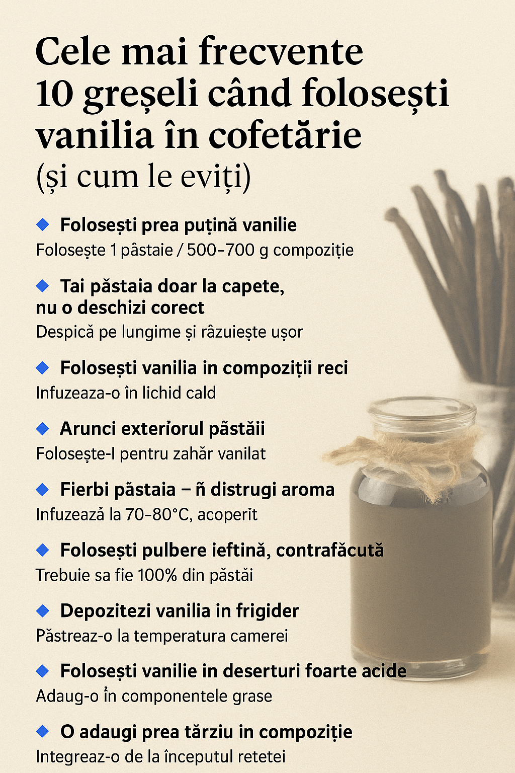 Cele mai frecvente 10 greșeli când folosești vanilia în cofetărie (și cum le eviți)