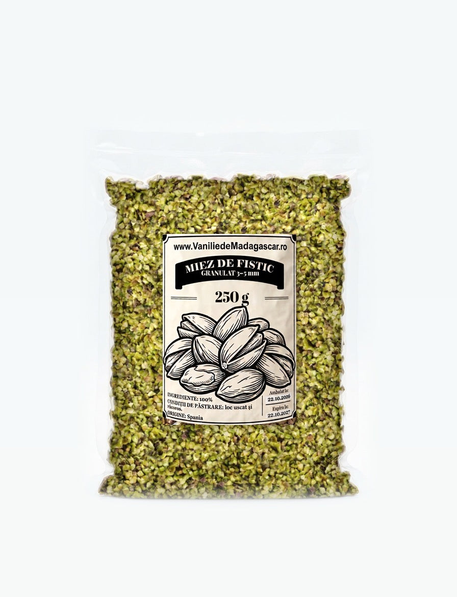 Miez de fistic crud granulat 3–5 mm, pungă vidată de 250 g – Vanilie de Madagascar