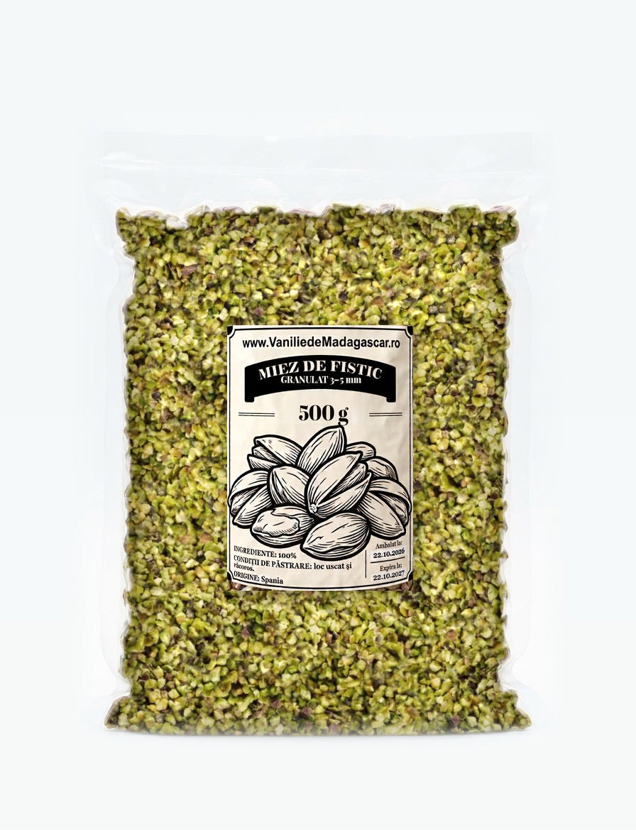Miez de fistic crud granulat 3–5 mm, pungă vidată de 500 g – Vanilie de Madagascar