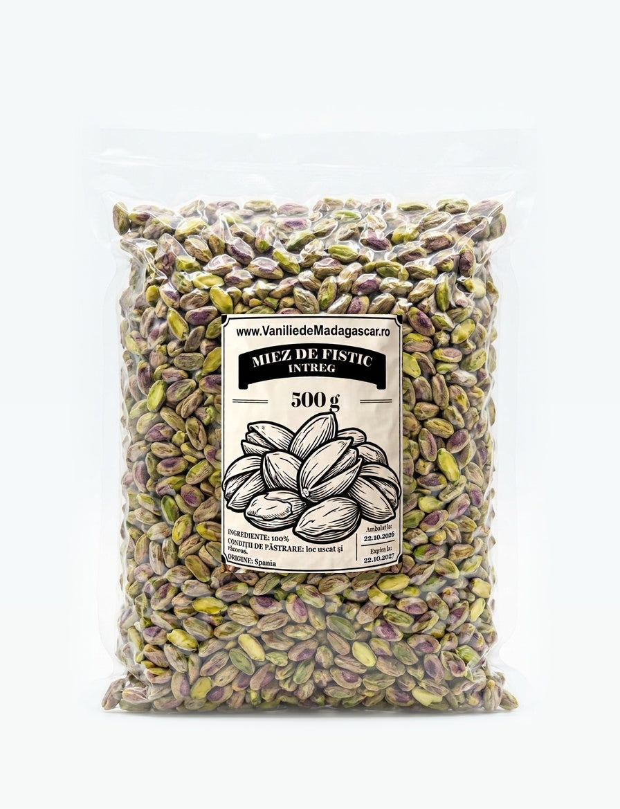 Miez de fistic întreg crud decojit, pungă vidată de 500 g, origine Spania – Vanilie de Madagascar