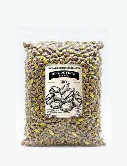 Miez de fistic întreg crud decojit, pungă vidată de 500 g, origine Spania – Vanilie de Madagascar