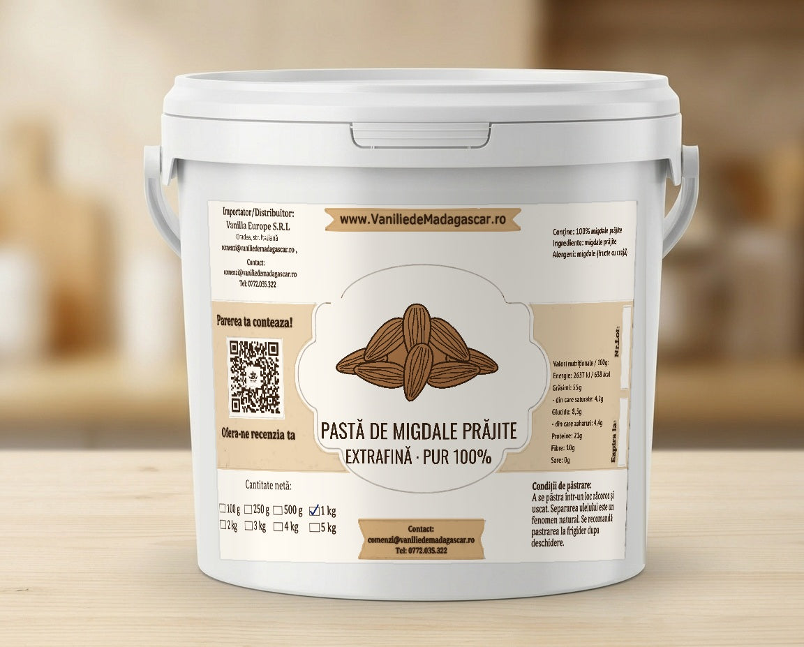Pastă de migdale prăjite pură 100%, extrafină – găletușă 1 kg Vanilie de Madagascar